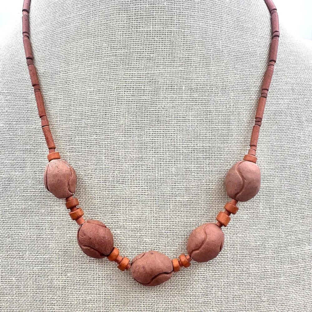 Vintage 90s Terracotta Wooden Beaded Necklace Statement Women's Classic Jewelry